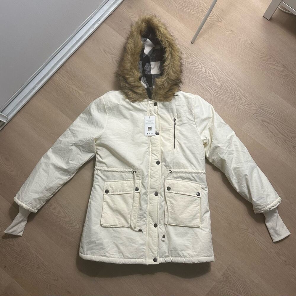 NWT Grace Karin Women's Cream Hooded Jacket W/Faux Fur hood Size M - Picture 2 of 9